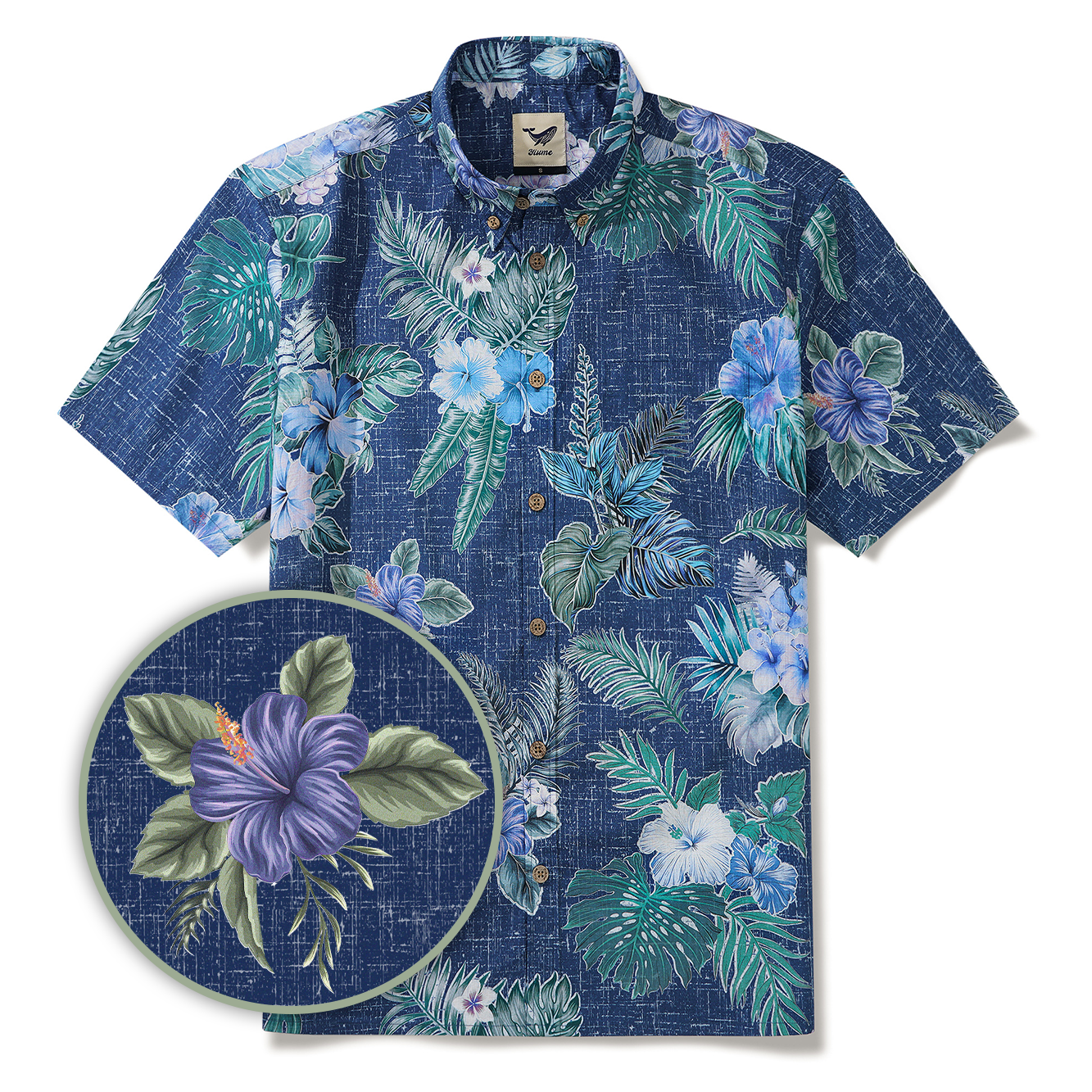 Men's Hawaiian Shirt Short Sleeve Button-down 100% Cotton Green Aloha Tranquil Blue Blossoms
