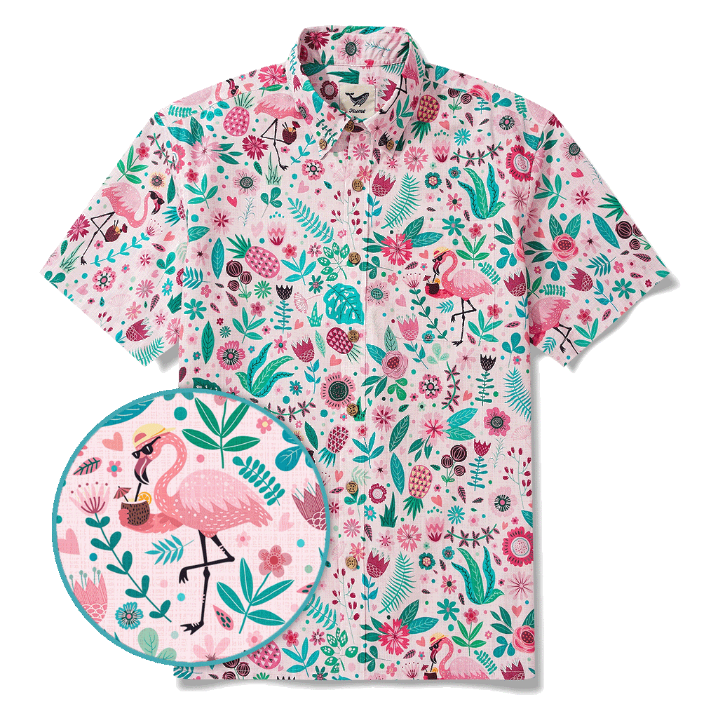 Men's Hawaiian Shirt Short Sleeve Button-down 100% Cotton Aloha Flamingo Petal Escape Flamingo