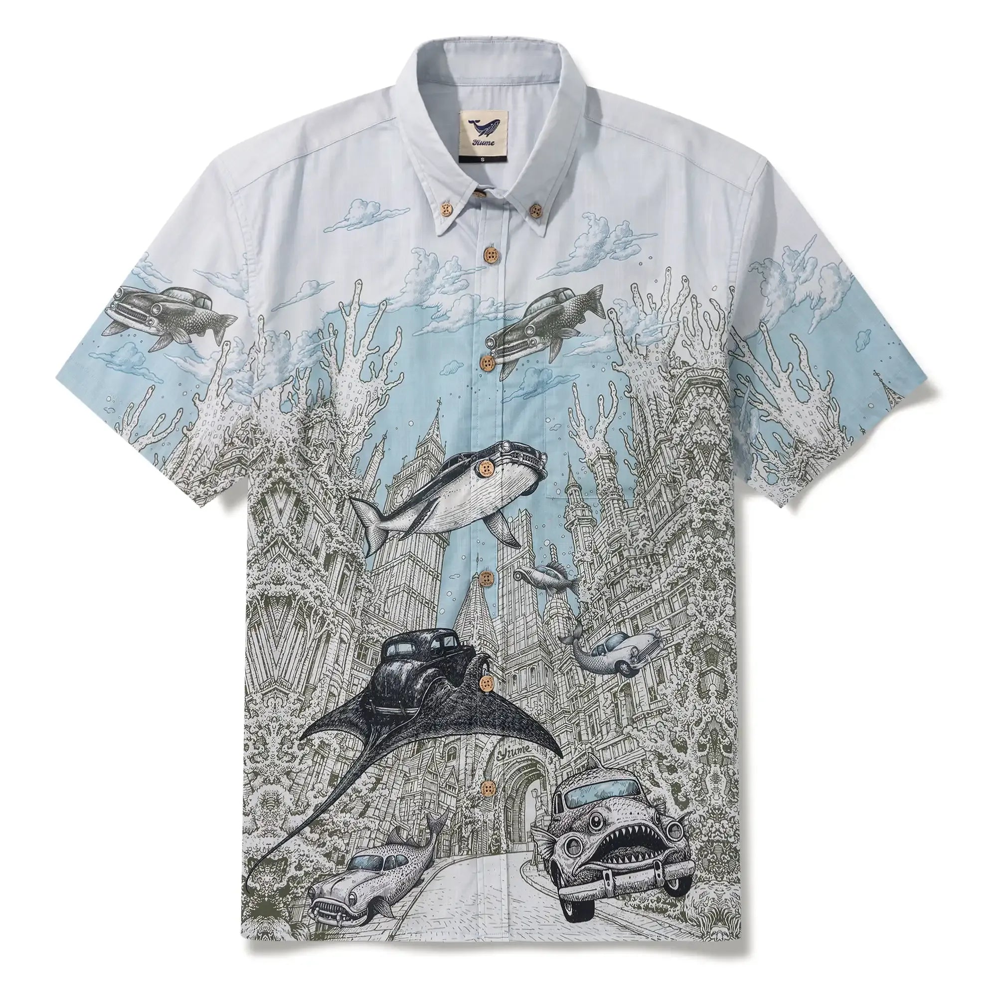 Men's Hawaiian Shirt Short Sleeve Button-down 100% Cotton Blue Aloha Atlantis Coral Cruisers