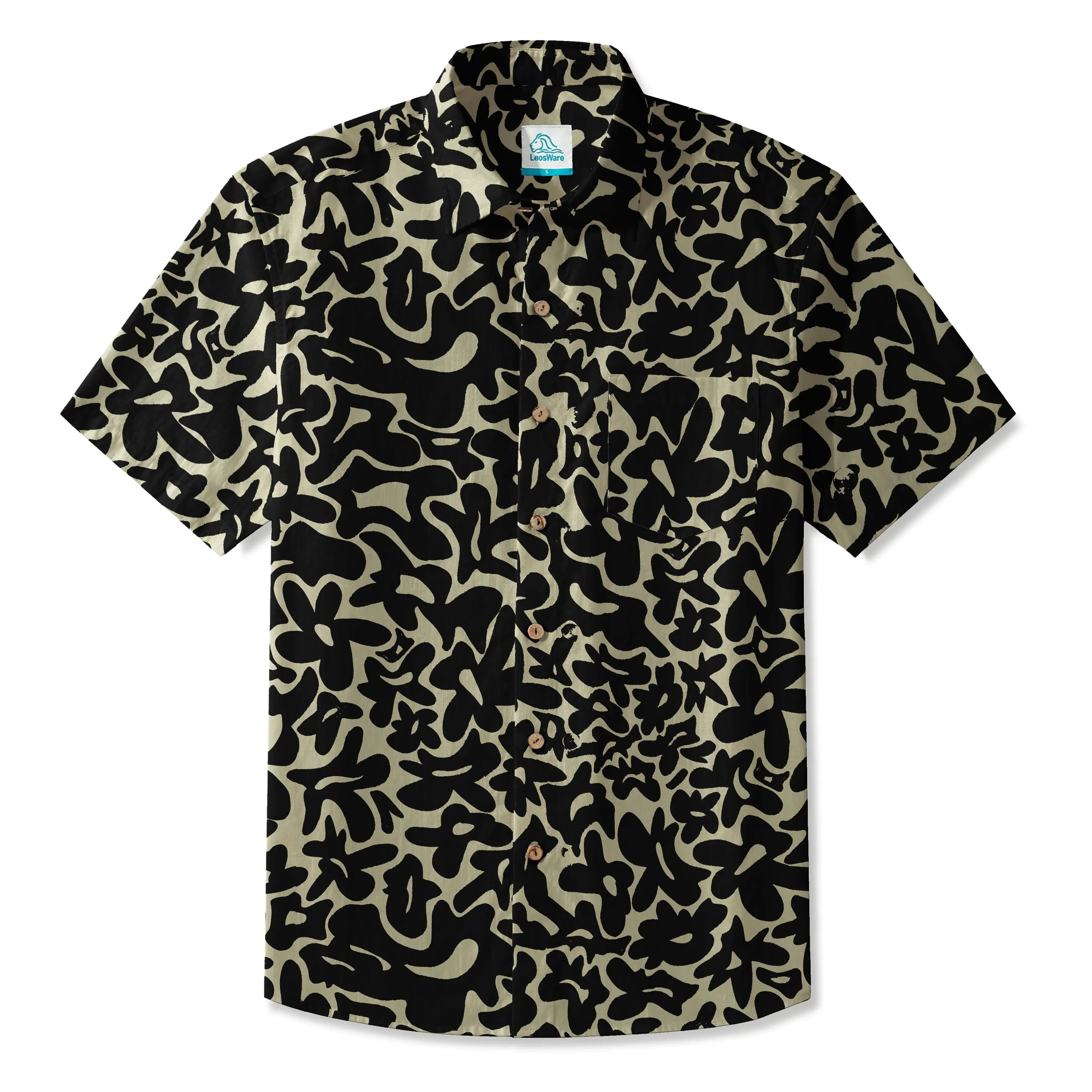 LeosWare® Men's Hawaiian Shirt Short Sleeve Button-up 100% Cotton Black Aloha Minimalist Black Brown Florals