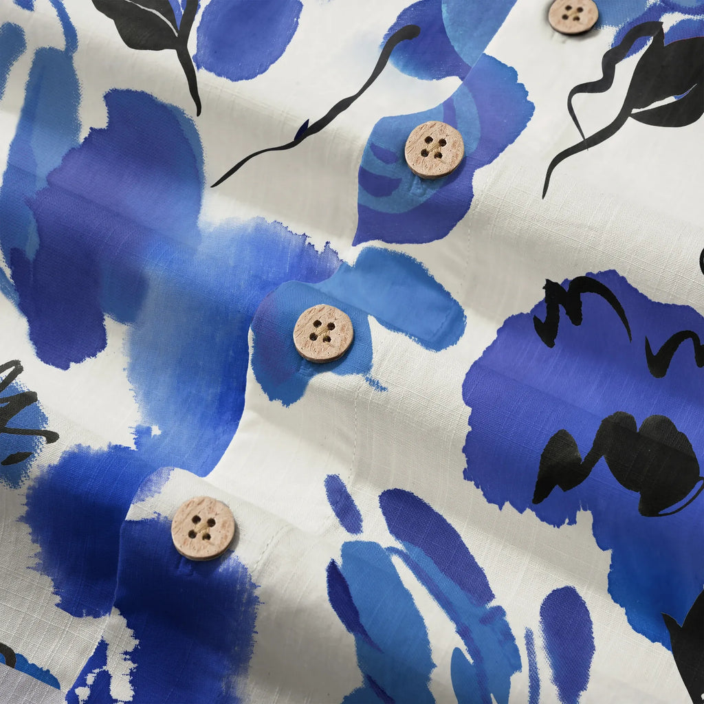 LeosWare® Men's Hawaiian Shirt Short Sleeve Button-up 100% Cotton Blue Aloha Ink Blue Florals