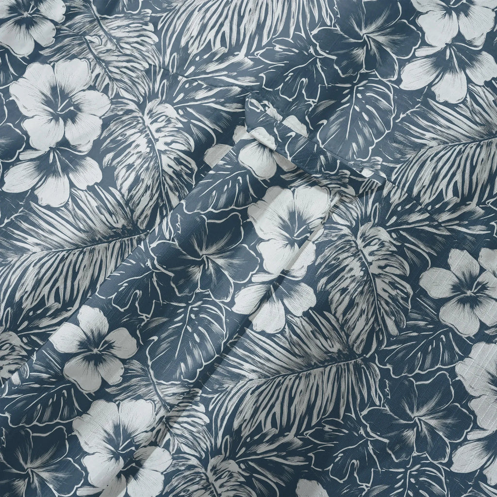 LeosWare® Hibiscus Flower Men's Hawaiian Shirt Short Sleeve Button-up 100% Cotton Blue Aloha Blue Ink Flower Shadows