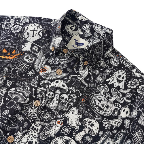 Halloween Gift Men's Hawaiian Shirt Long Sleeve Button-down 100% Cotton Black Aloha Halloween Bash
