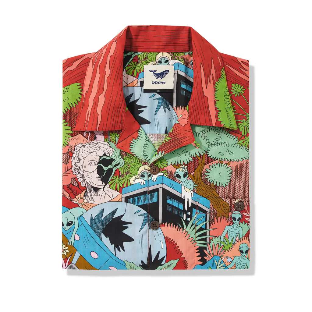Men's Hawaiian Shirt Short Sleeve Camp Collar 100% Cotton Green Aloha Alien Galactic Garden