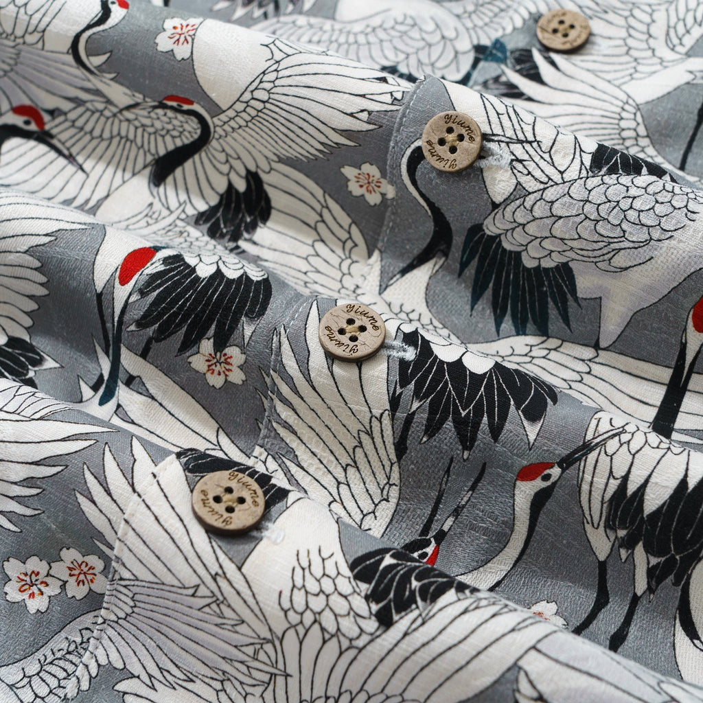 Men's Hawaiian Shirt Short Sleeve Camp Collar 100% Silk Gray Aloha The Feast Of Cranes