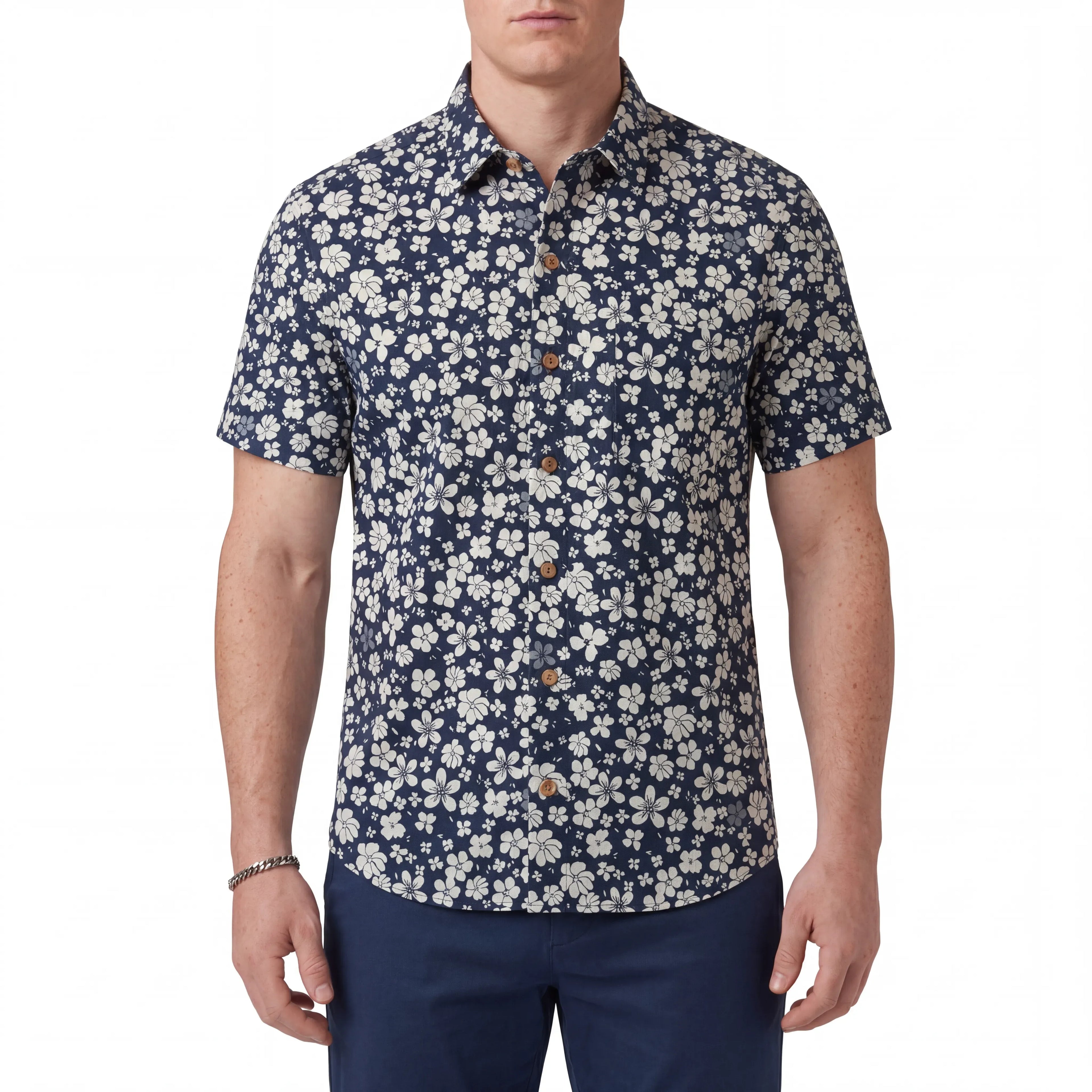 LeosWare® Men's Hawaiian Shirt Short Sleeve Button-up 100% Cotton Blue Aloha Floral Seascape