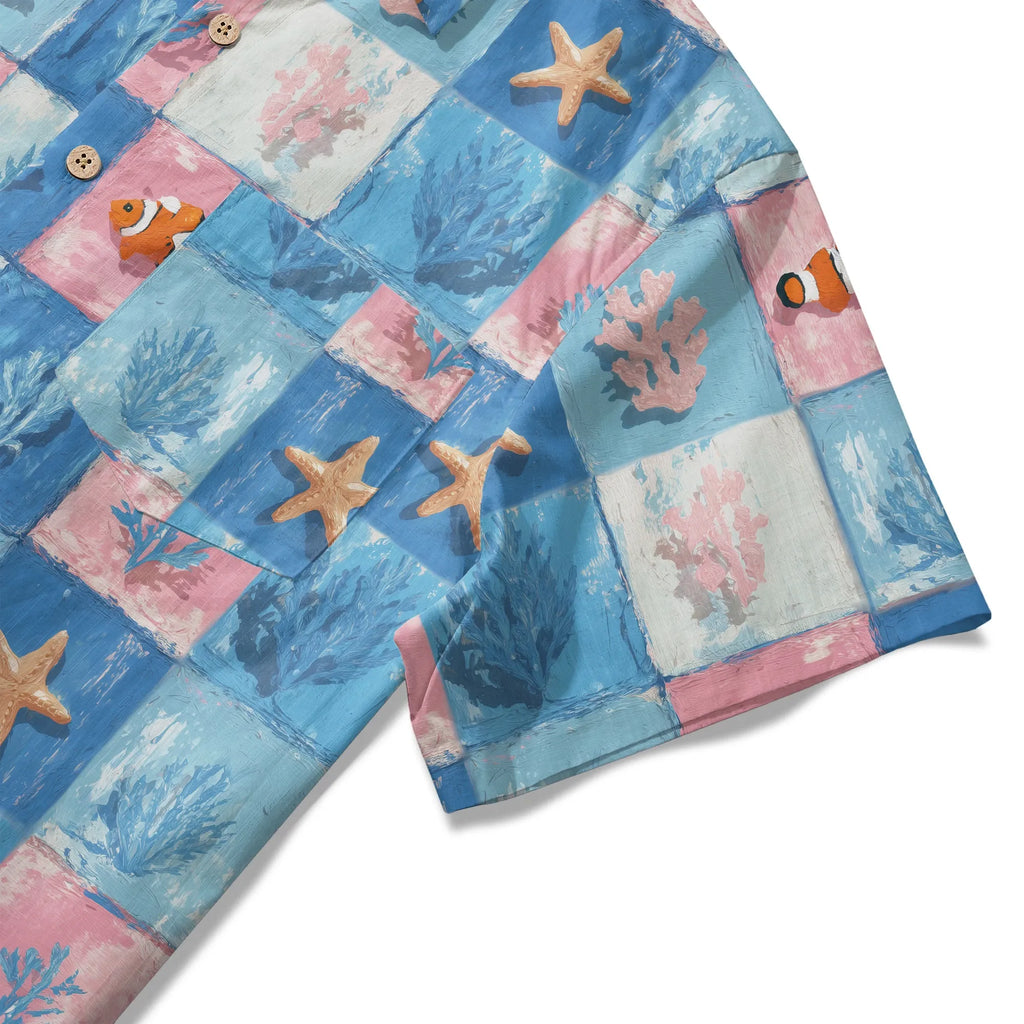 LeosWare® Plaid Men's Hawaiian Shirt Short Sleeve Button-up 100% Cotton Blue Aloha Oceanic Chessboard