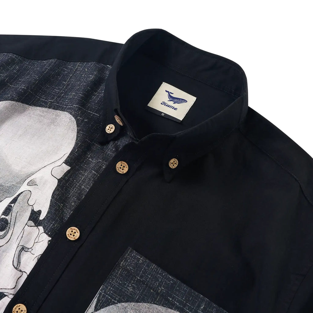 Men's Hawaiian Bowling Shirt Short Sleeve Button-down 100% Cotton Black Aloha Glowing Challenge Of The Skull Ghost