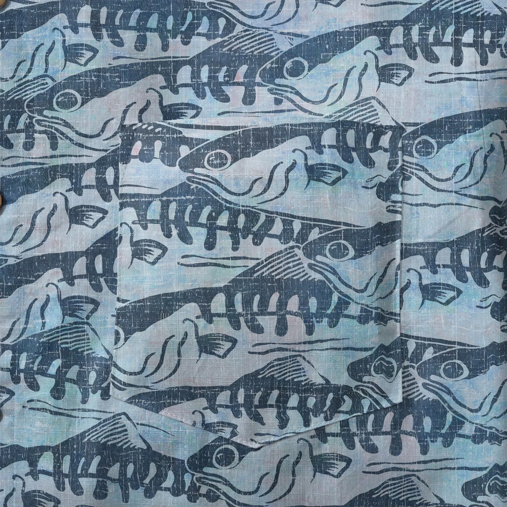 LeosWare® Men's Hawaiian Shirt Short Sleeve Button-up 100% Cotton Blue Aloha Ink Wave Fish Formation