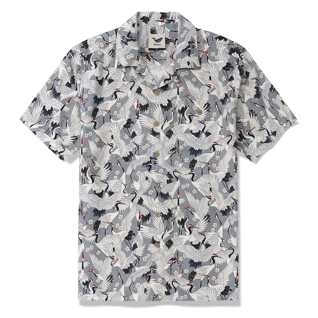 Men's Hawaiian Shirt Short Sleeve Camp Collar 100% Silk Gray Aloha The Feast Of Cranes