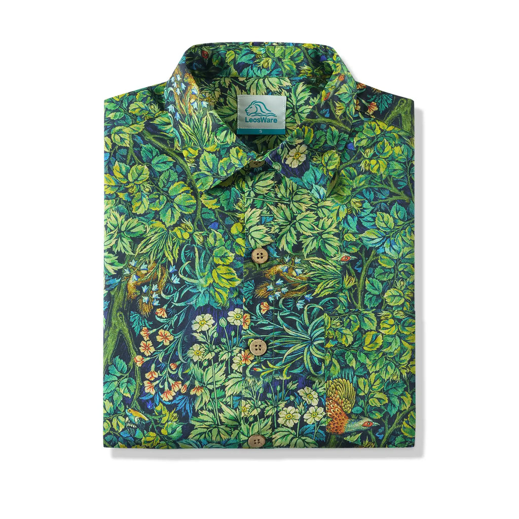 LeosWare® Men's Hawaiian Shirt Short Sleeve Button-up 100% Cotton Green Aloha Jungle Wonderland Art