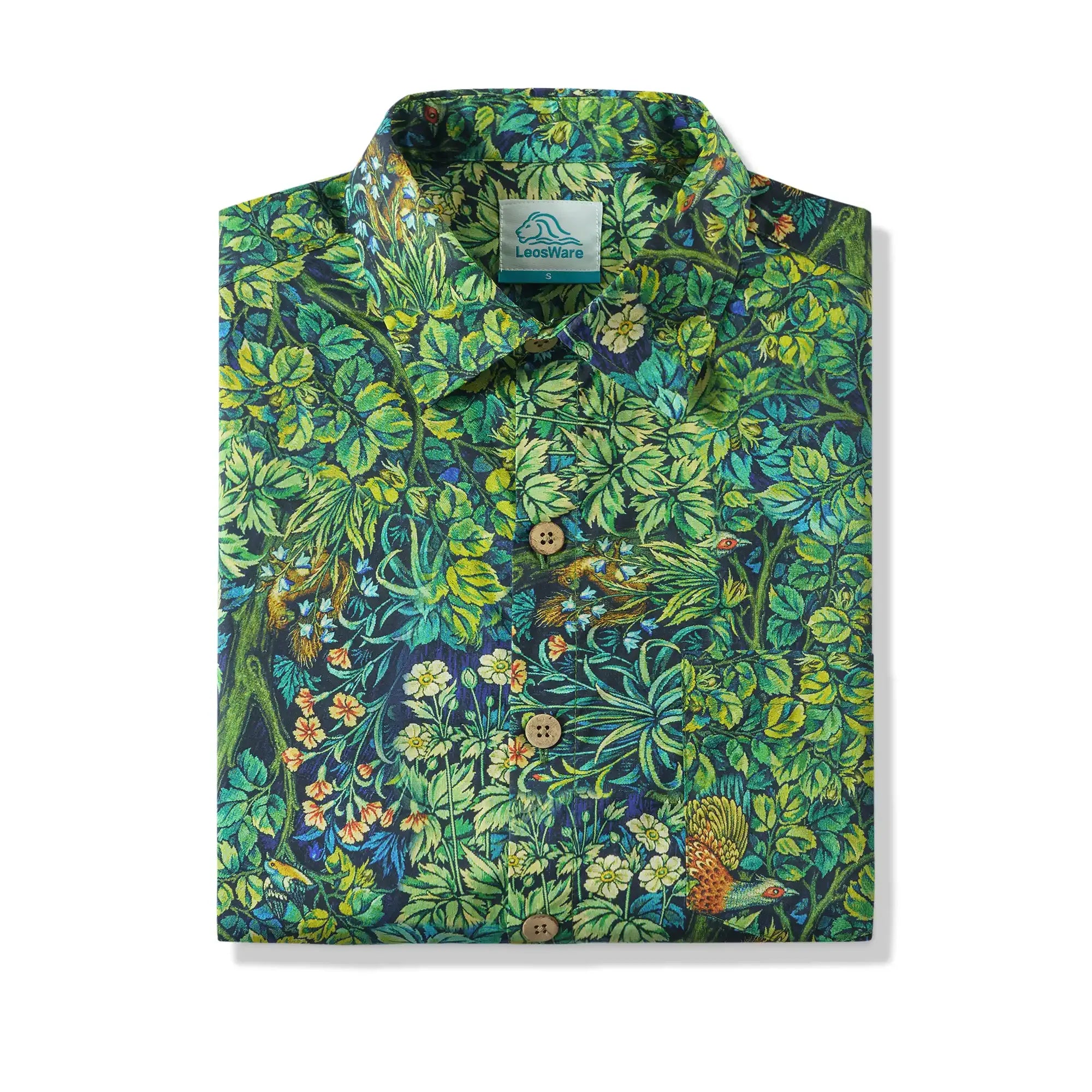 LeosWare® Men's Hawaiian Shirt Short Sleeve Button-up 100% Cotton Green Aloha Jungle Wonderland Art