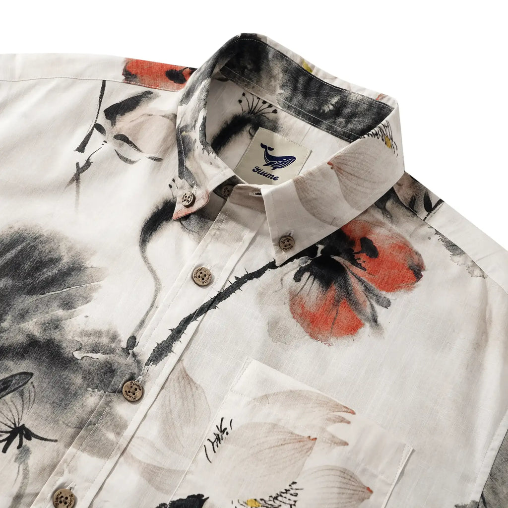 Men's Hawaiian Shirt Short Sleeve Button-down 100% Cotton Gray Aloha Eastern Lotus Elegance Chinese Style Ink Wash Art