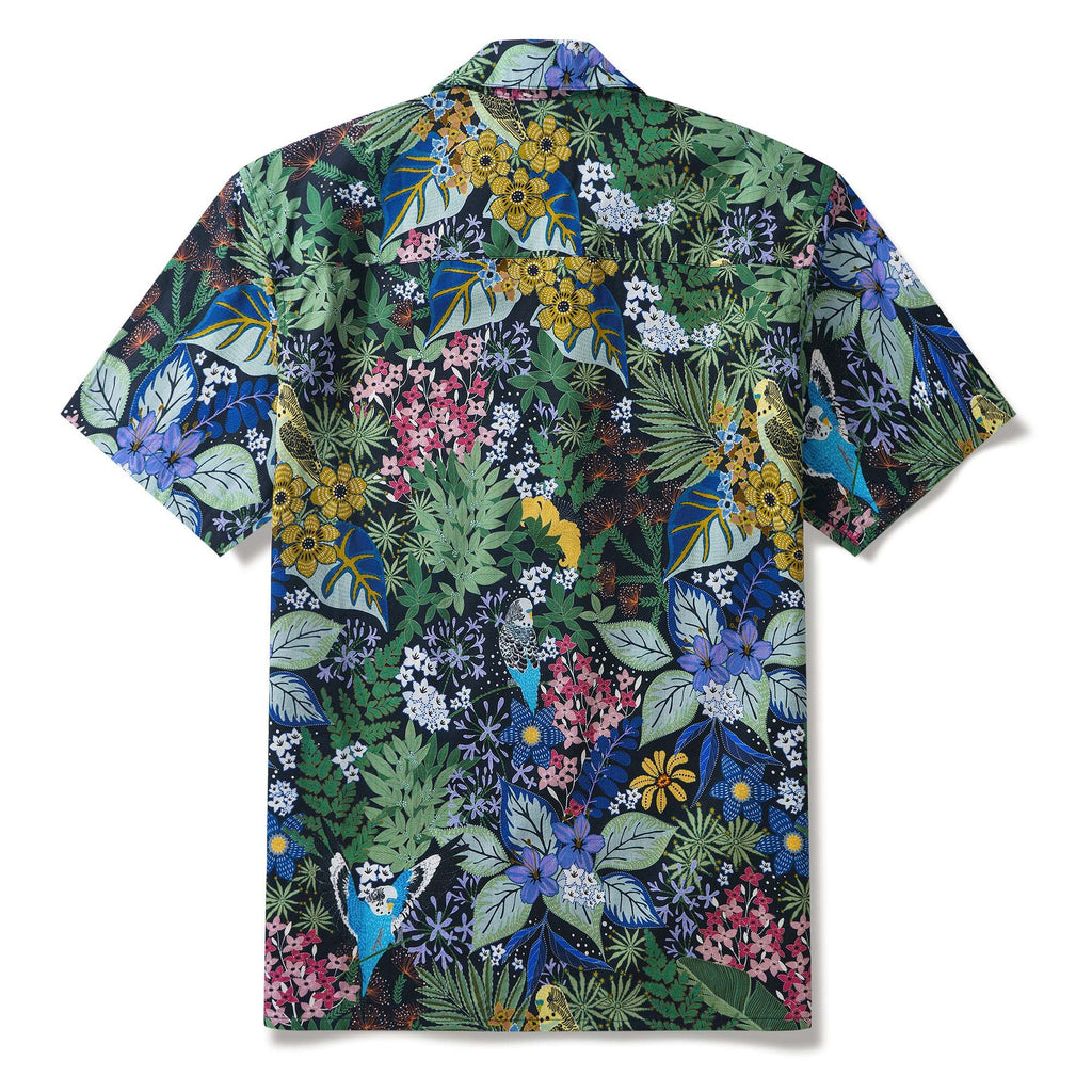 Yiume Tropical Hawaiian Shirt For Men 100% Cotton Short Sleeve Green Camp Collar Parrot Aloha Shirt Parrot's Garden