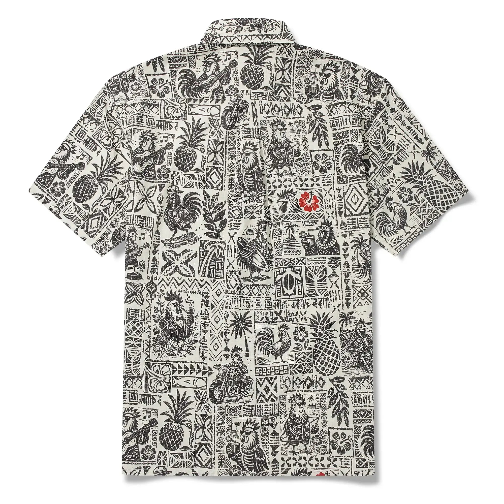 Men's Hawaiian Shirt Short Sleeve Button-down 100% Cotton Black Rooster Aloha The Bone Voyage