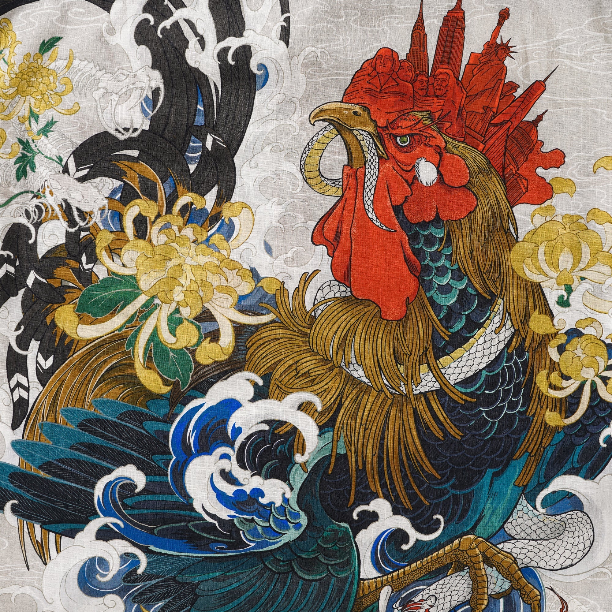 Men's Hawaiian Shirt 100% Cotton Short Sleeve Camp Collar Shirt Rooster and Japanese ukiyo-e Shirt
