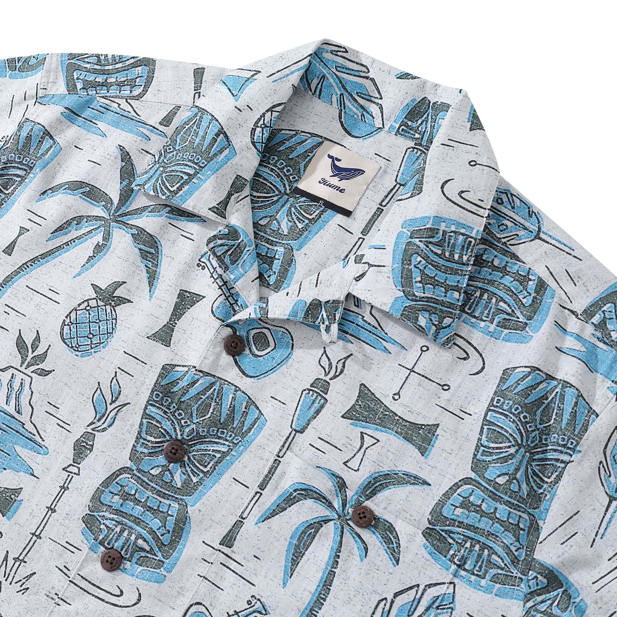 Tiki Men's Hawaiian Shirt Short Sleeve Camp Collar 100% Cotton Blue Aloha