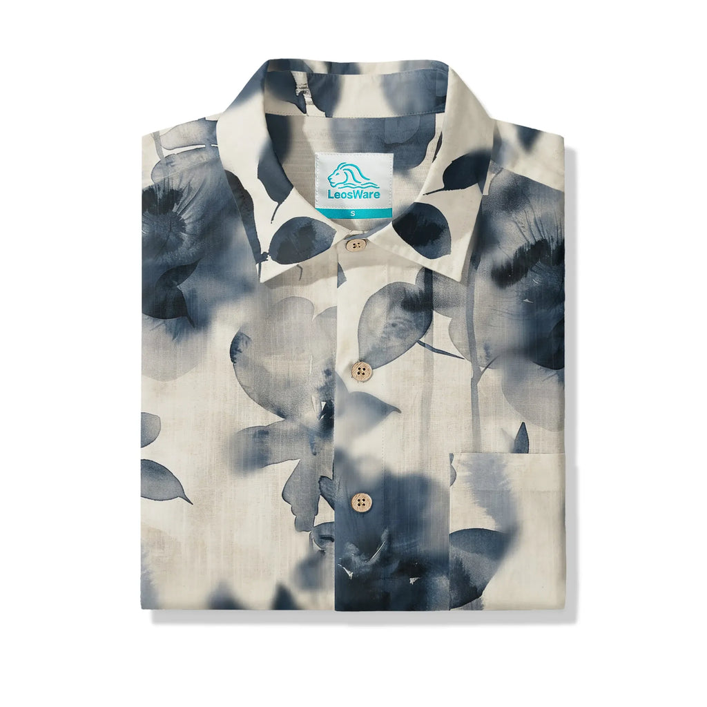 LeosWare® Men's Hawaiian Shirt Short Sleeve Button-up 100% Cotton Blue Aloha Blue And White Ink Charm