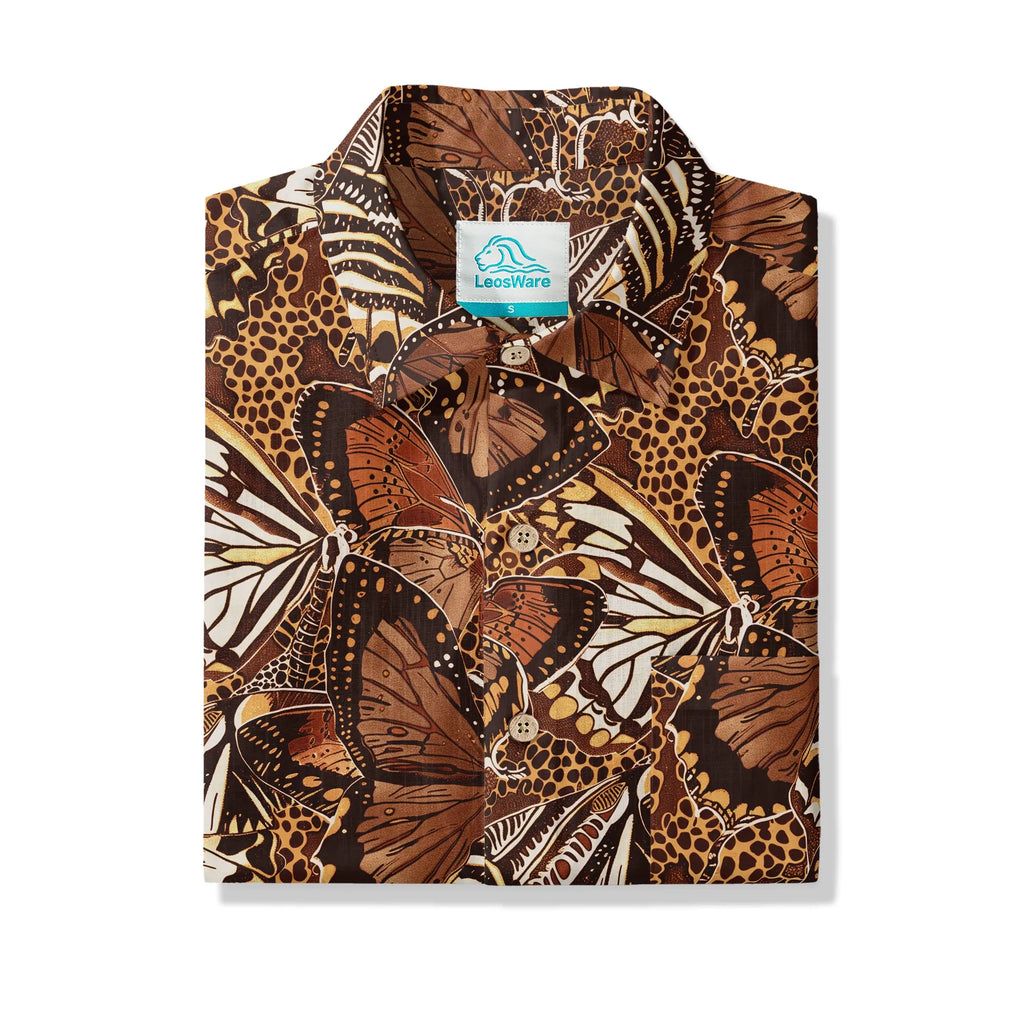 LeosWare® Men's Hawaiian Shirt Short Sleeve Button-up 100% Cotton Brown Aloha Butterfly Haven