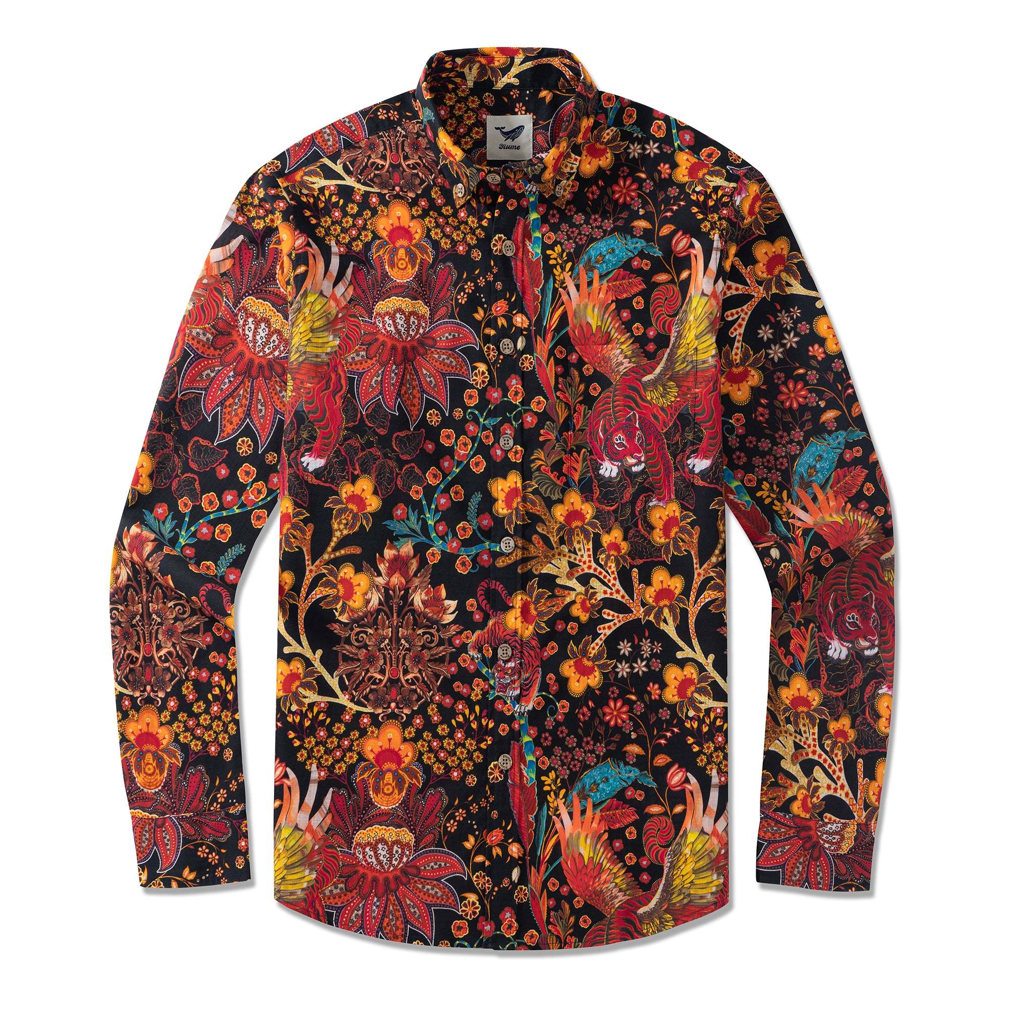 Men's Hawaiian Shirt Long Sleeve Button-down Shirt 100% Cotton Red  Aloha Blazing Tiger