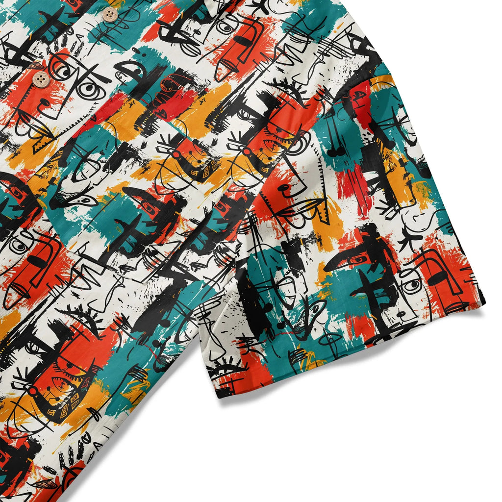 LeosWare® Men's Hawaiian Shirt Short Sleeve Button-up 100% Cotton Aloha Face Doodle