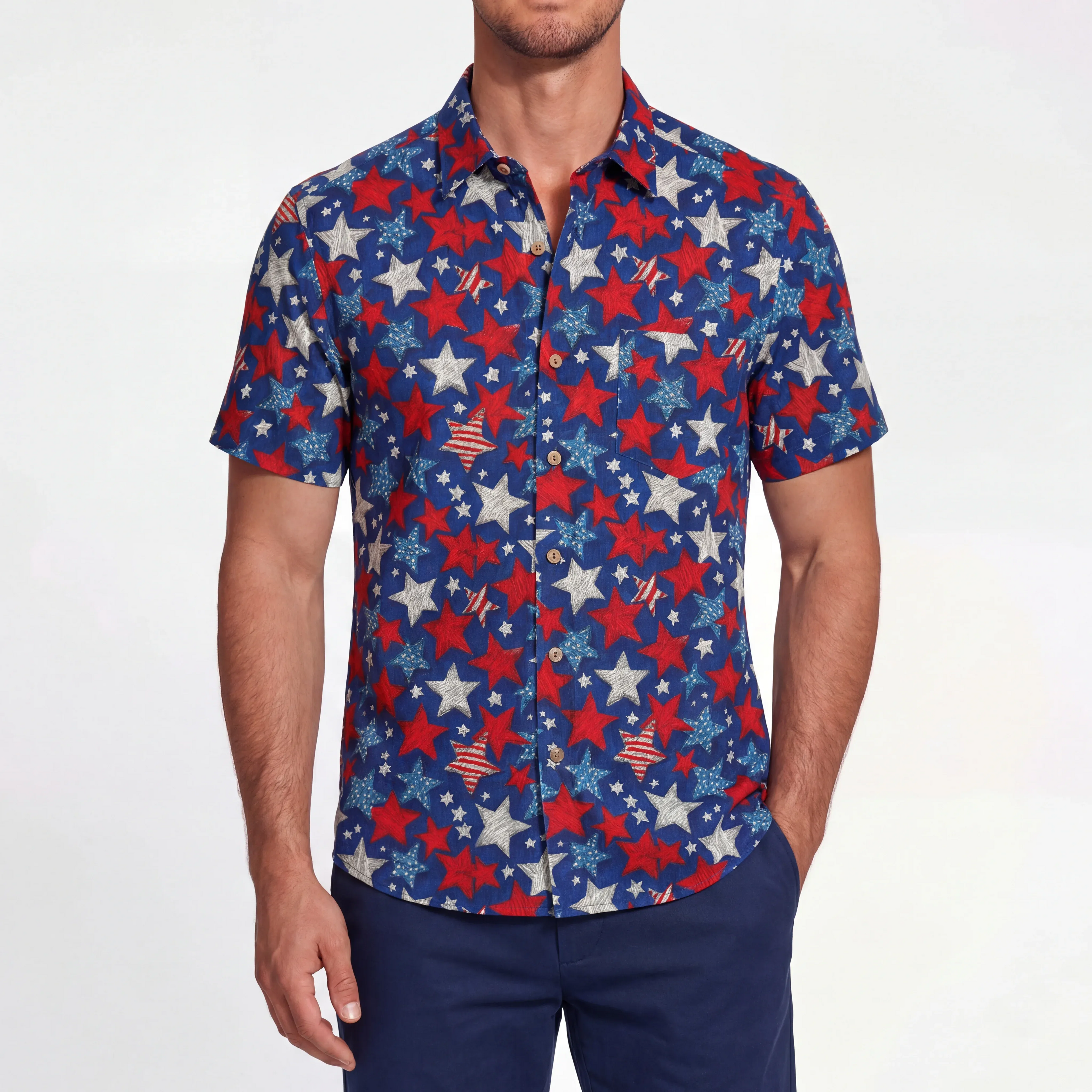 LeosWare® Men's Hawaiian Shirt Short Sleeve Button-up 100% Cotton Blue Aloha Stellar Summer Comics