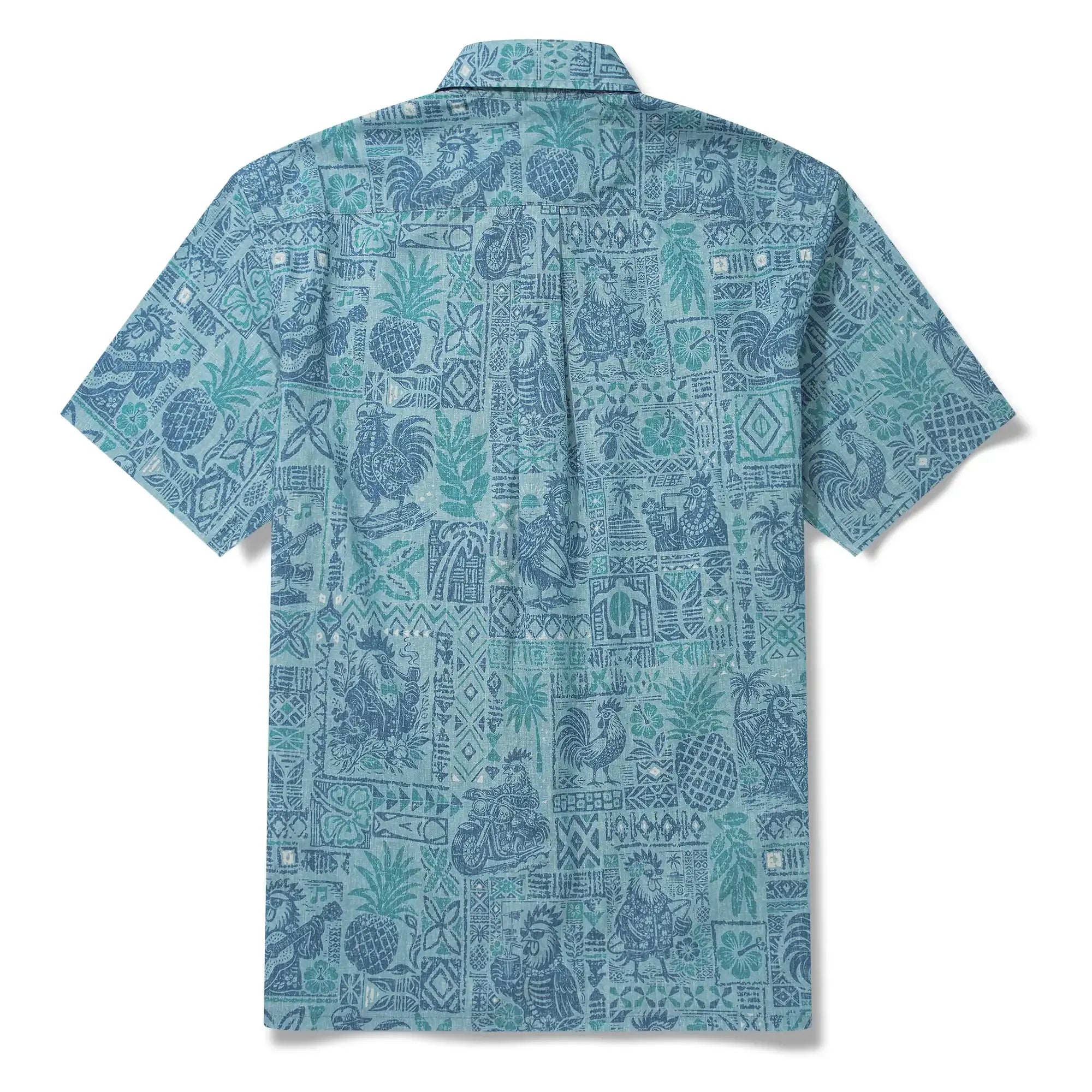 Men's Hawaiian Shirt Short Sleeve Button-down 100% Cotton Blue Rooster Aloha The Bone Voyage