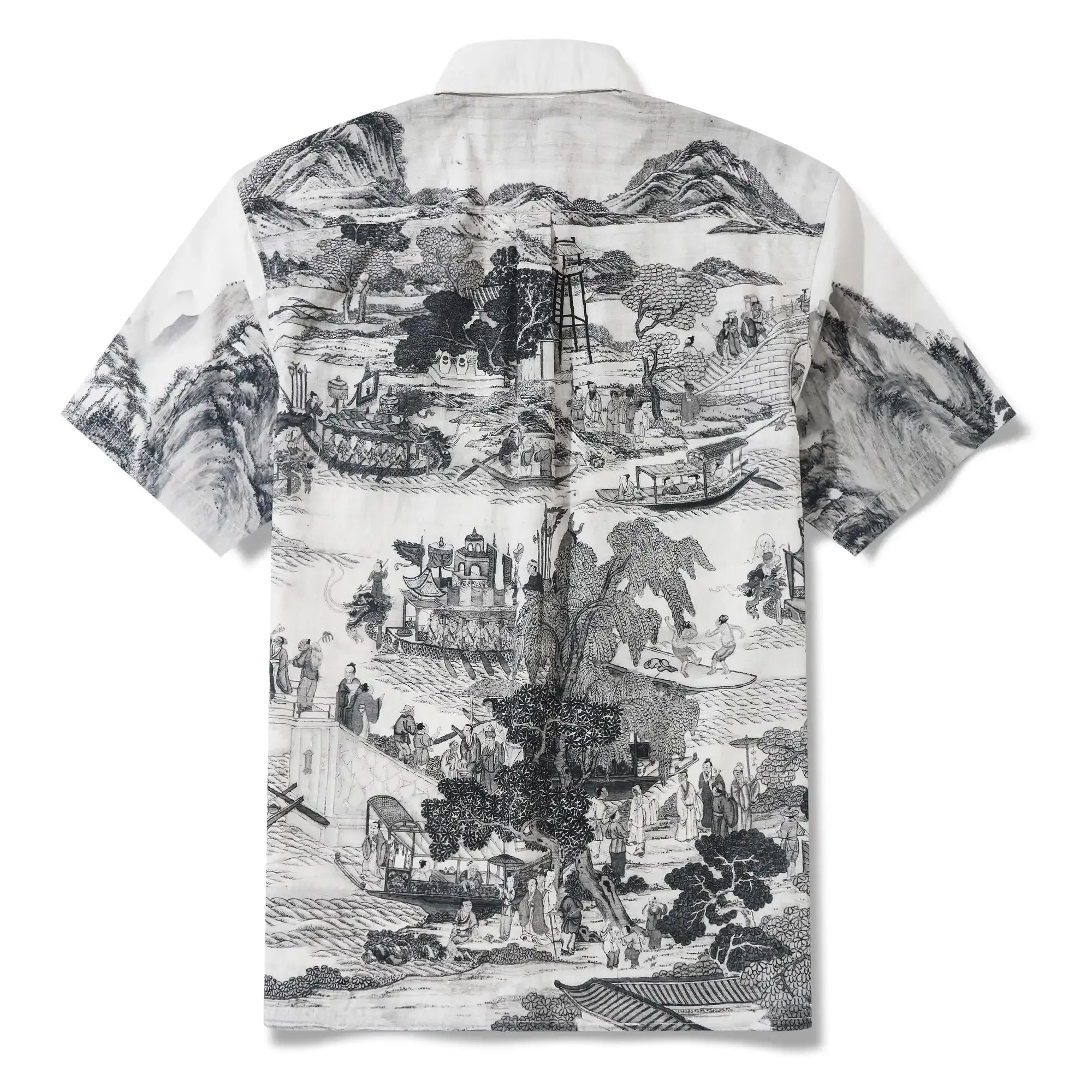 Men's Hawaiian Shirt Short Sleeve Button-down 100% Cotton Black Aloha Oriental Inkscape