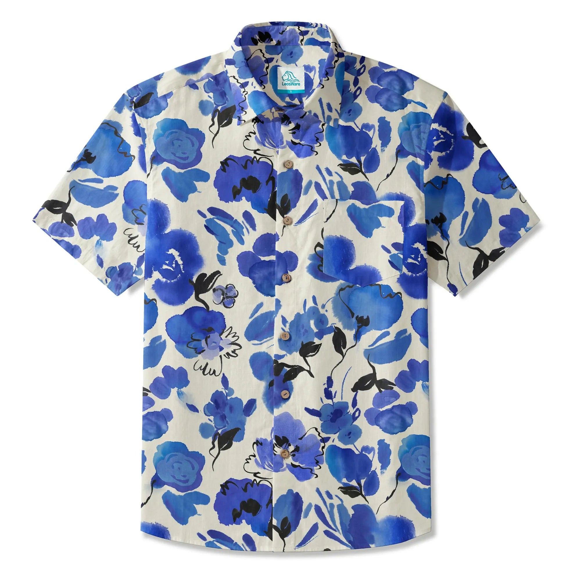 LeosWare® Men's Hawaiian Shirt Short Sleeve Button-up 100% Cotton Blue Aloha Ink Blue Florals