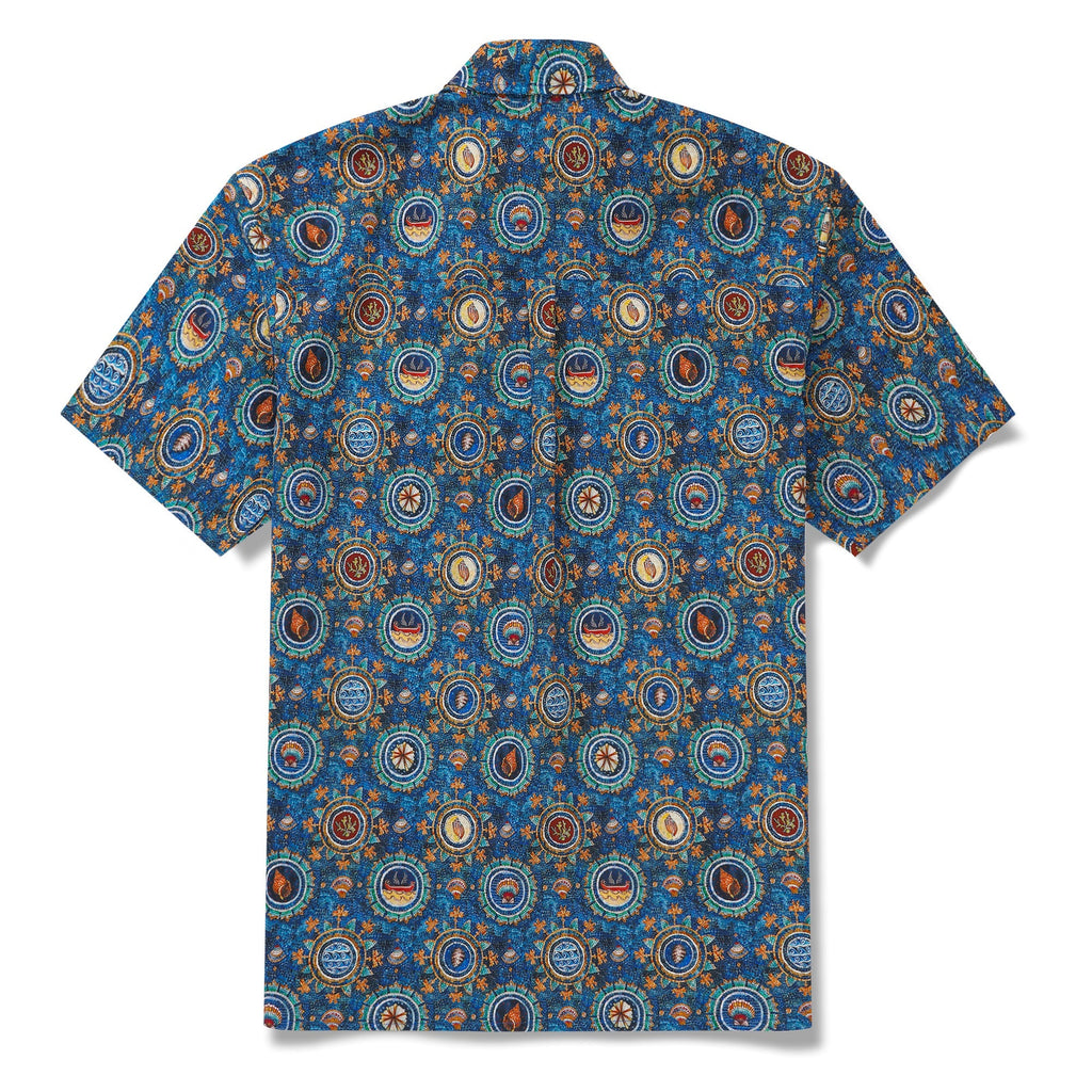 Men's Hawaiian Shirt Short Sleeve Button-down 100% Cotton Blue Aloha Shell Mosaic