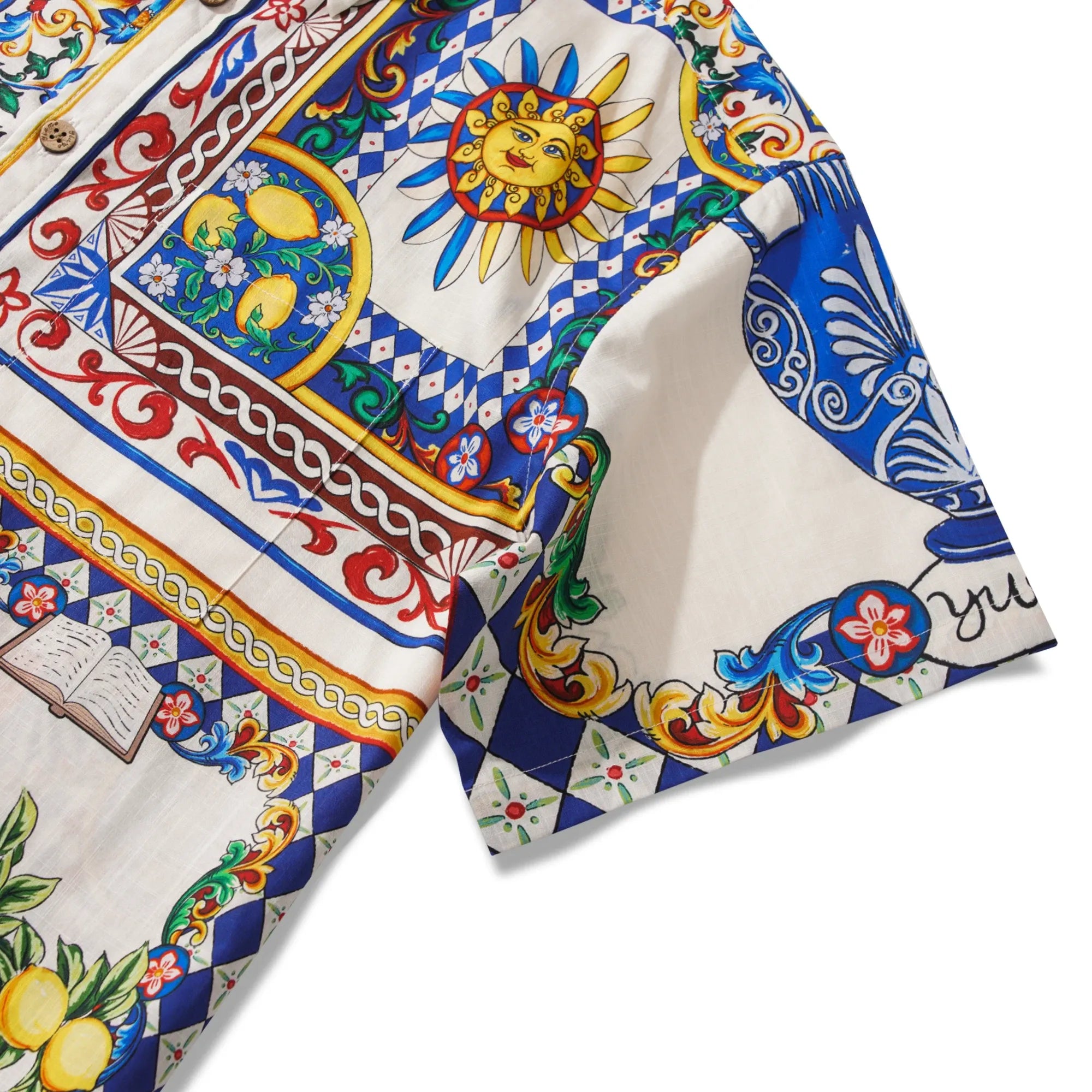 Men's Hawaiian Shirt Short Sleeve Button-down 100% Cotton Blue Flower Aloha Lemon Sicily Venice