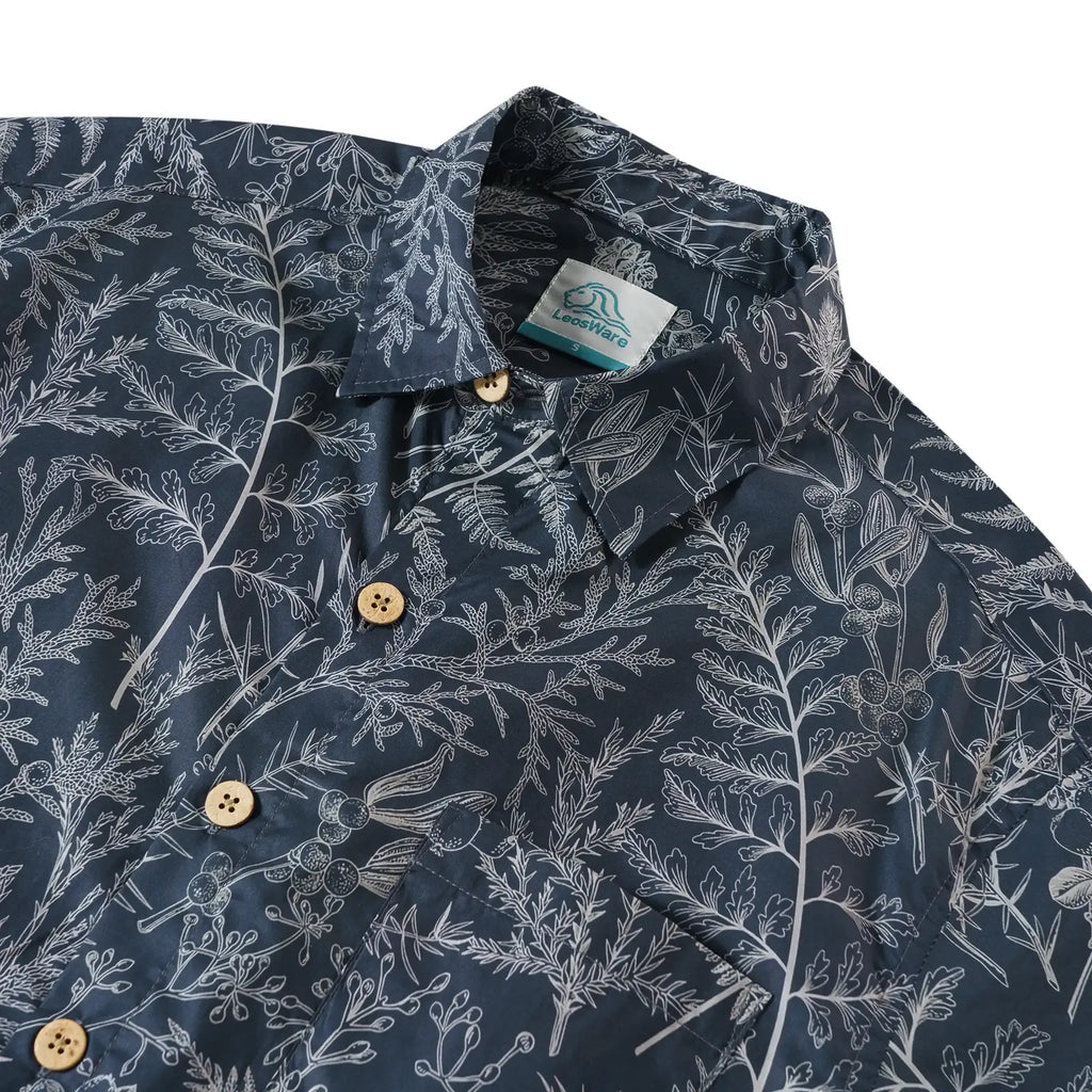 LeosWare® Men's Hawaiian Shirt Short Sleeve Button-up 100% Cotton Blue Aloha Enchanted Fern Grove Journal