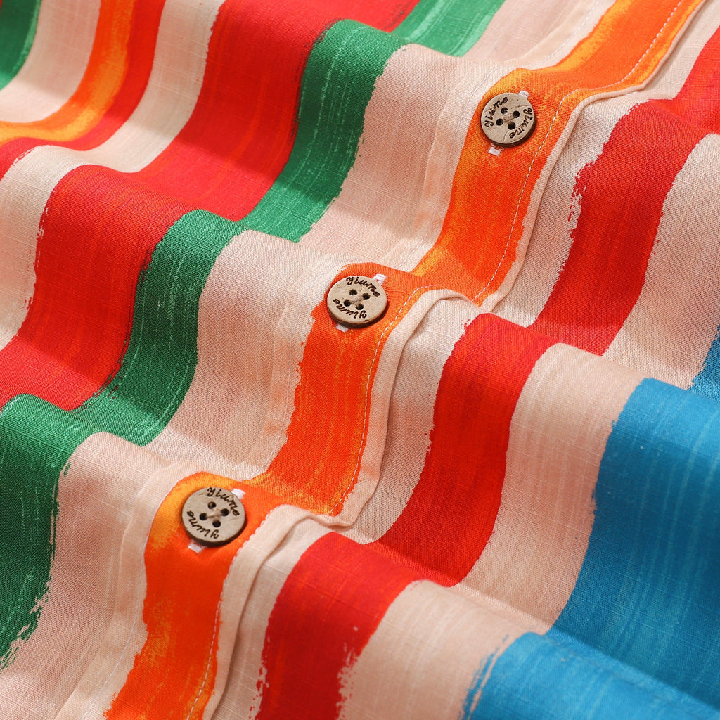 Men's Stripe Hawaiian Shirt Colorful Cotton Short Sleeve Button Down Aloha Shirt Vintage Striped Shirt