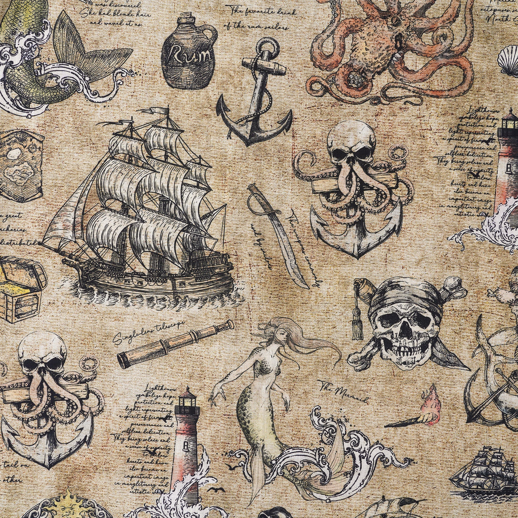 Men's Hawaiian Shirt Short Sleeve Button-down 100% Cotton Beige Aloha Pirate’s Log: The Sea Monster