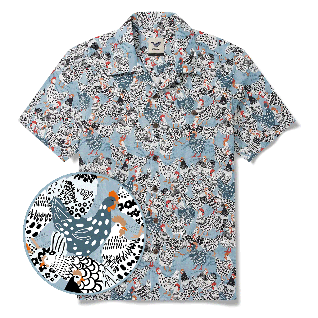 Men's Hawaiian Shirt Short Sleeve Camp Collar 100% Cotton Blue Aloha Clucking Chicken Friends By Annick Schmidt-reichardt