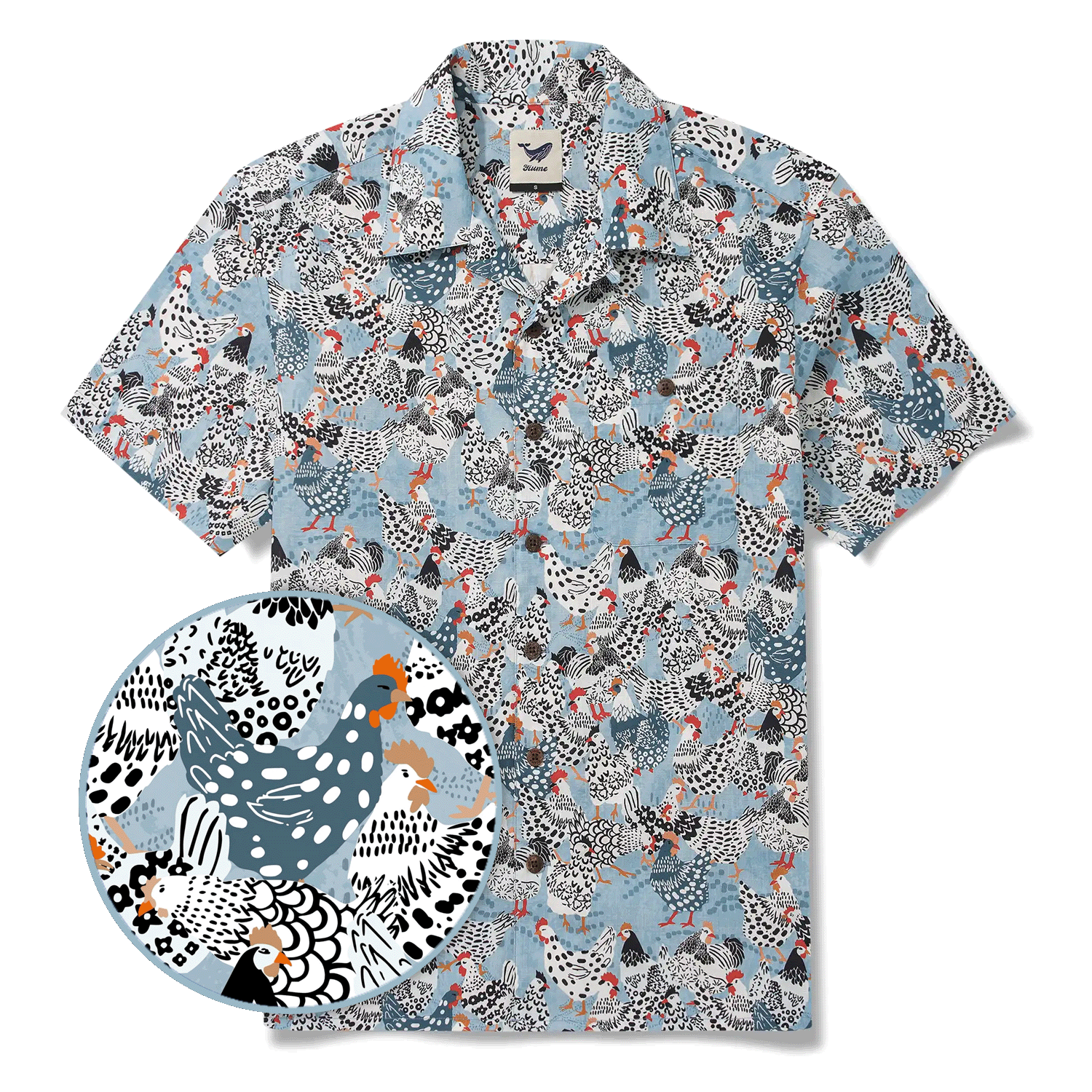 Men's Hawaiian Shirt Short Sleeve Camp Collar 100% Cotton Blue Aloha Clucking Chicken Friends By Annick Schmidt-reichardt