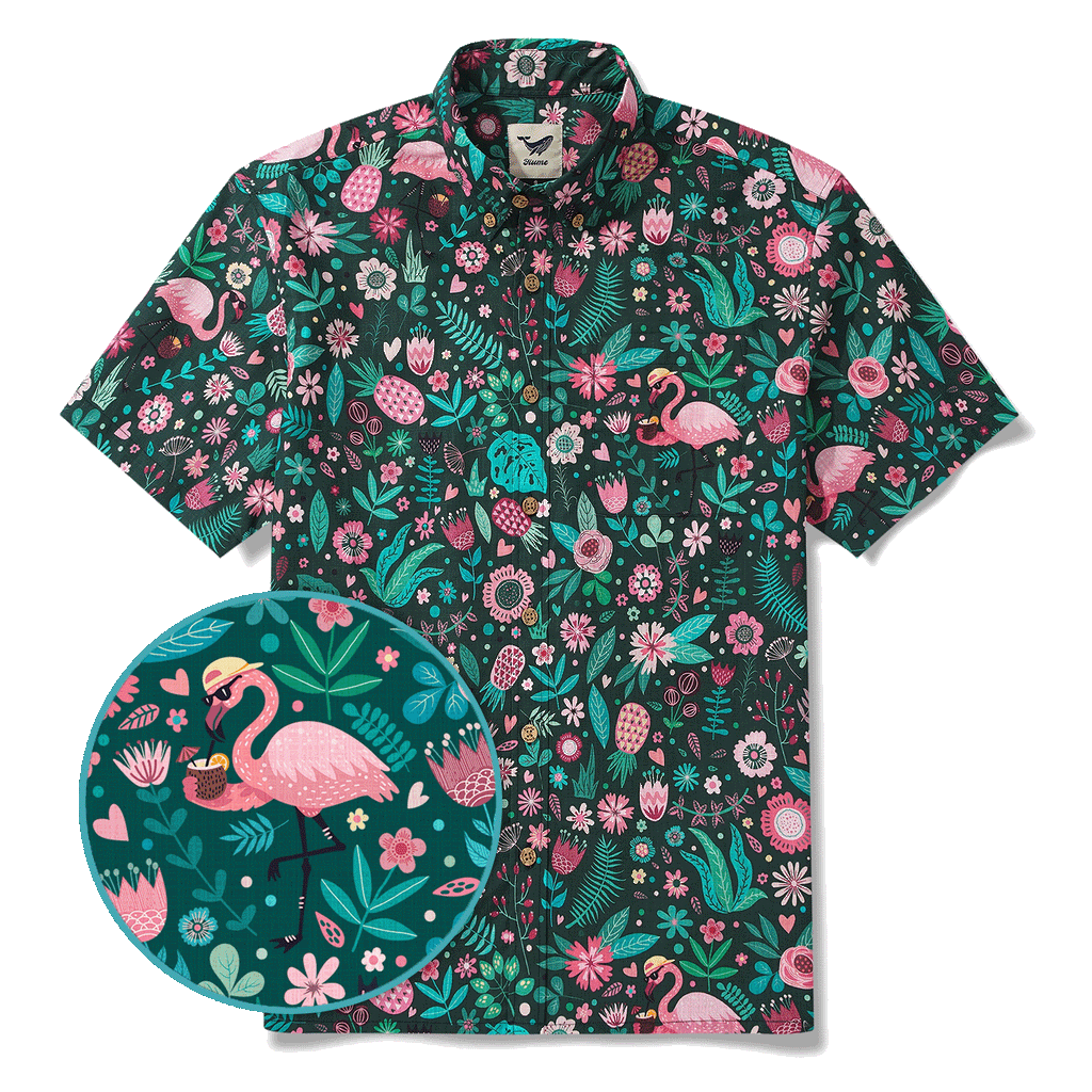 Men's Hawaiian Shirt Short Sleeve Button-down 100% Cotton Green Aloha Blush in the Jungle Flamingo