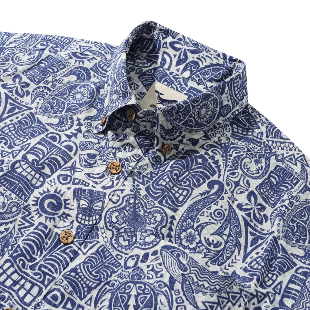 Men's Hawaiian Shirt Short Sleeve Button-down 100% Cotton Blue Aloha Tiki Retro Totem