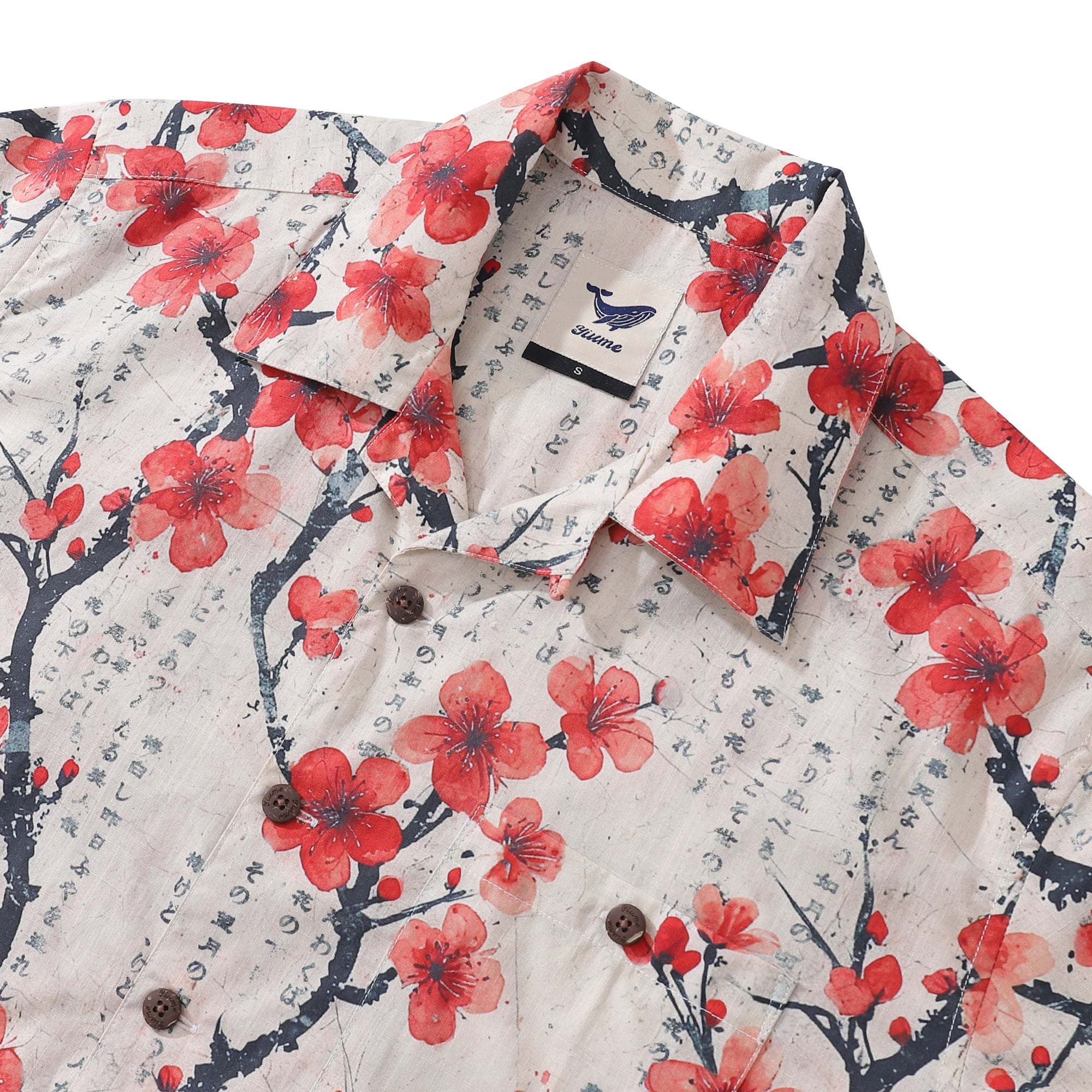 Men's Japanese Shirt 100% Cotton Hawaiian Shirt Poetic Plum Blossoms Camp Collar Shirt