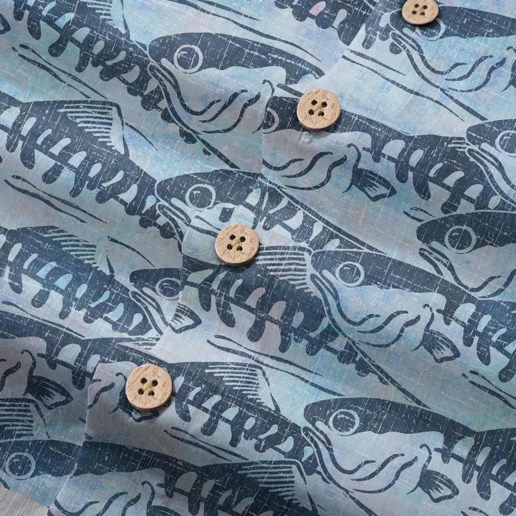 LeosWare® Men's Hawaiian Shirt Short Sleeve Button-up 100% Cotton Blue Aloha Ink Wave Fish Formation