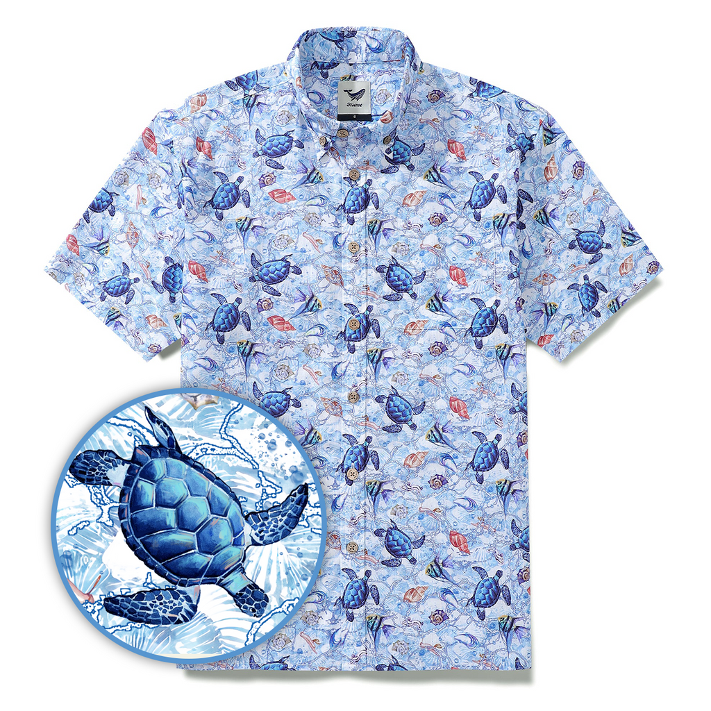 Men's Turtle Shirt Blue Hawaiian Shirt Cotton Button-down Short Sleeve Aloha Shirt A Sea Turtle's Odyssey