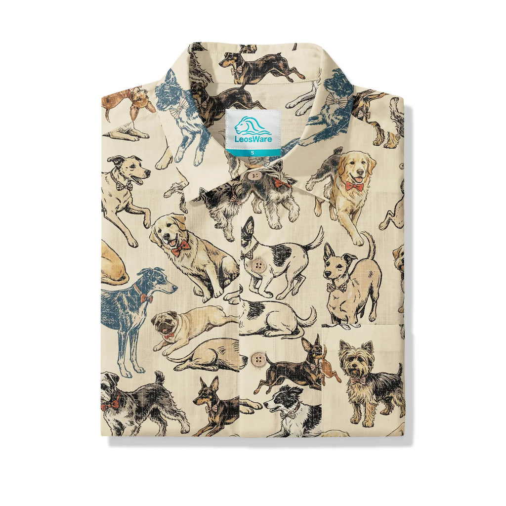 LeosWare® Dog Men's Hawaiian Shirt Short Sleeve Button-up 100% Cotton Yellow Aloha Dog Bow Tie Set