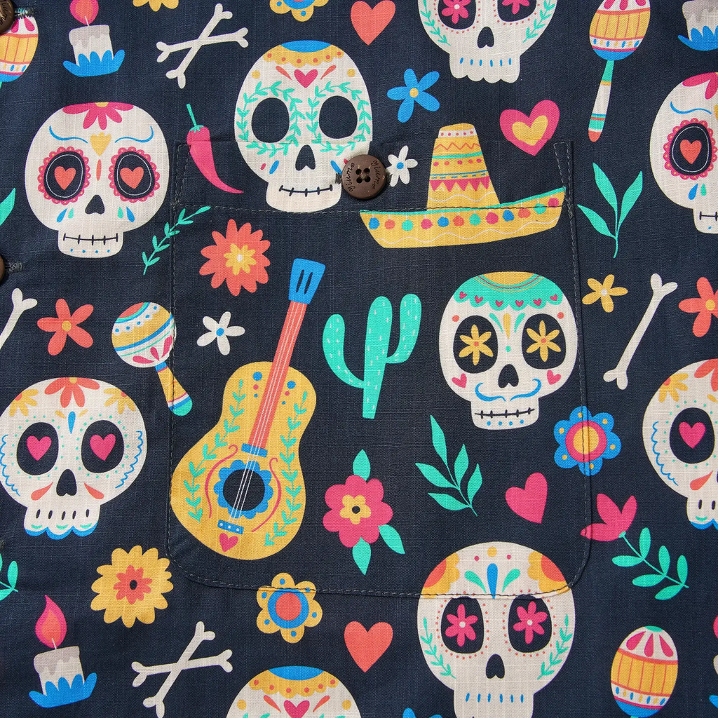 Men's Hawaiian Shirt Short Sleeve Camp Collar 100% Cotton Black Aloha Fiesta Sugar Skulls By Irina Ostapenko Mexican Style