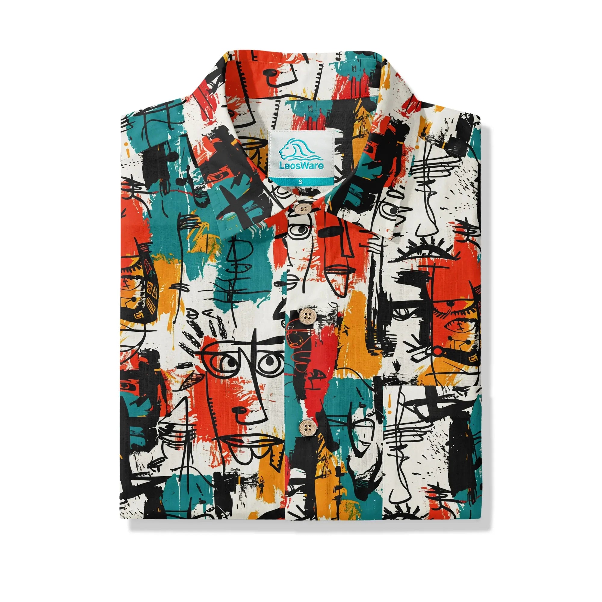 LeosWare® Men's Hawaiian Shirt Short Sleeve Button-up 100% Cotton Aloha Face Doodle