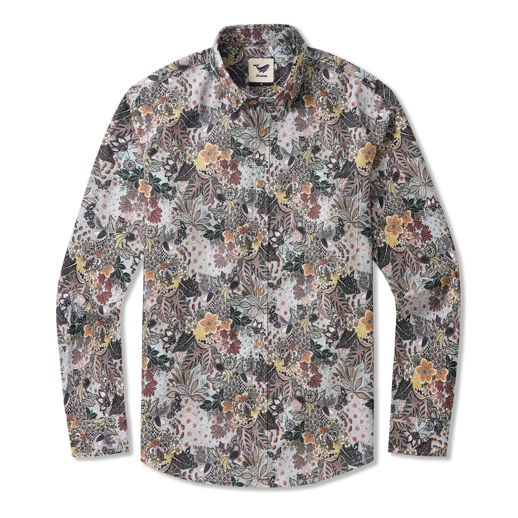 Men's Hawaiian Shirt Long Sleeve Button-down 100% Cotton Brown Aloha Retro Gentleman Art