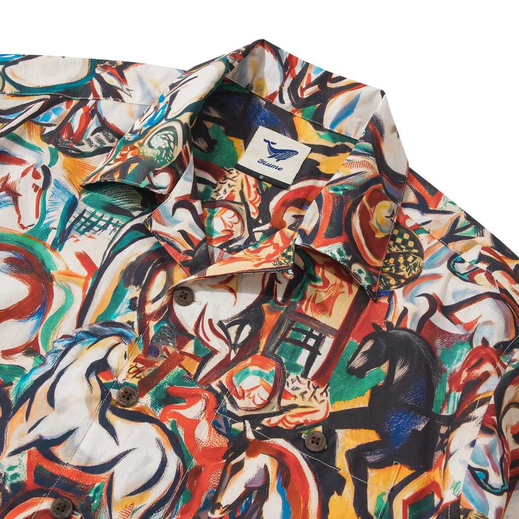 Men's Hawaiian Shirt Short Sleeve Camp Collar 100% Cotton Brown Aloha Stampede Artwear Year of the Horse 2026