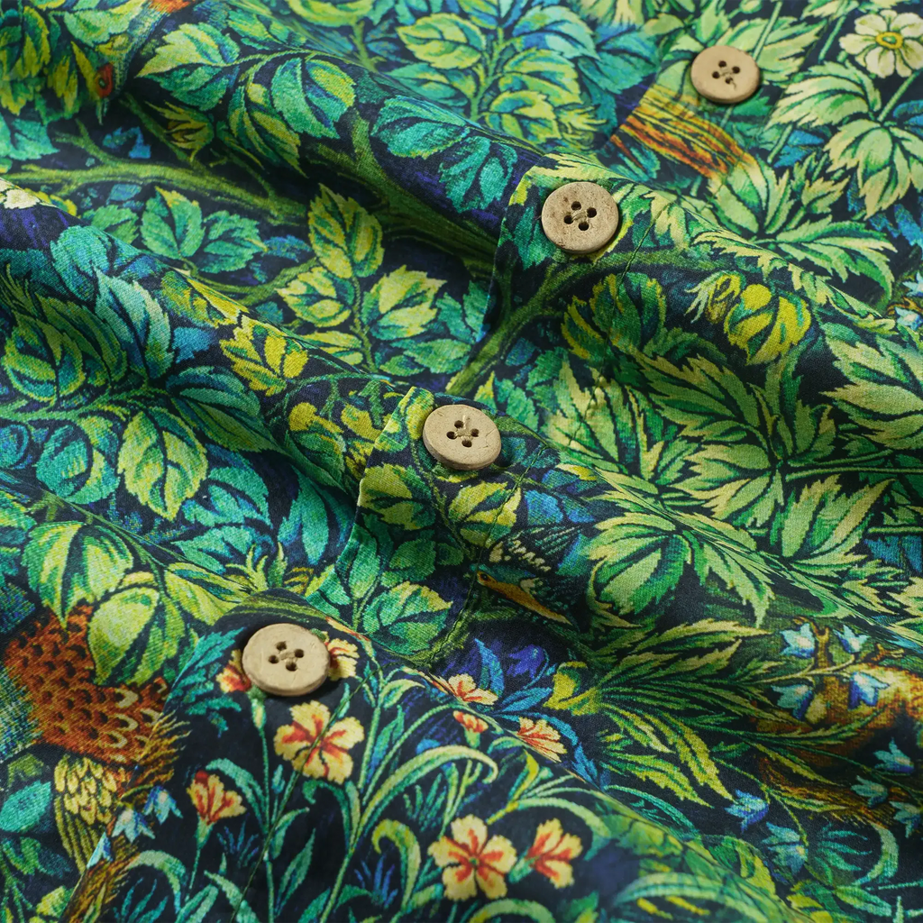 LeosWare® Men's Hawaiian Shirt Short Sleeve Button-up 100% Cotton Green Aloha Jungle Wonderland Art