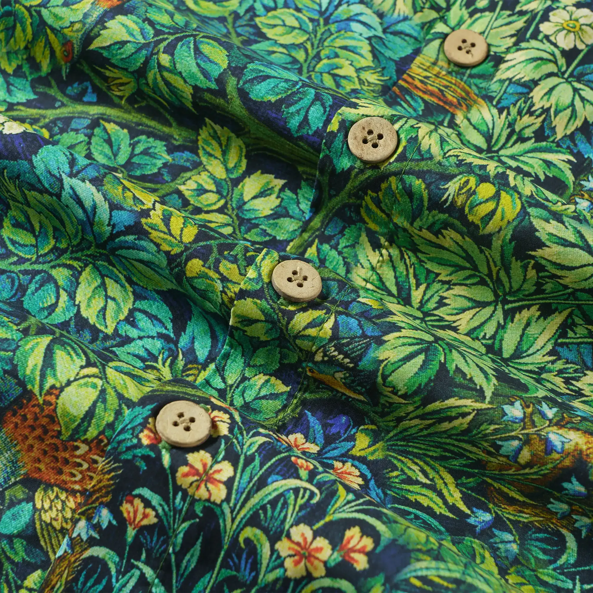 LeosWare® Men's Hawaiian Shirt Short Sleeve Button-up 100% Cotton Green Aloha Jungle Wonderland Art