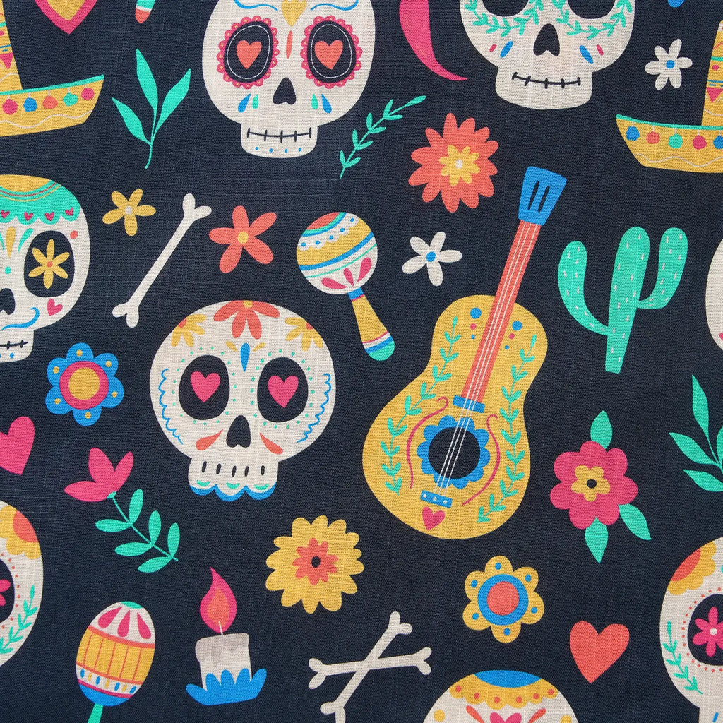 Men's Hawaiian Shirt Short Sleeve Camp Collar 100% Cotton Black Aloha Fiesta Sugar Skulls By Irina Ostapenko Mexican Style