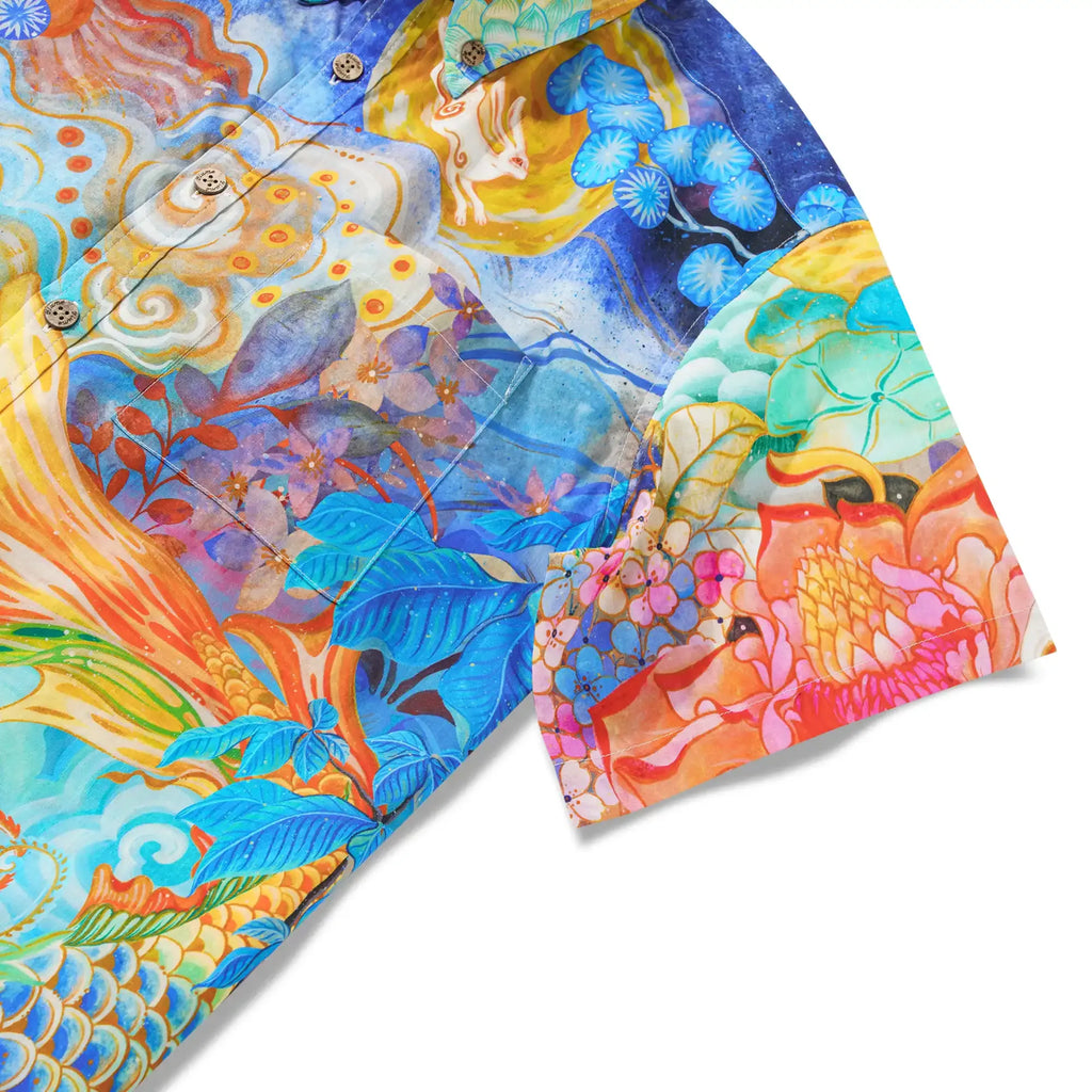 Yiume Men's Designer Hawaiian Shirt Cloud-wandering Koi Print Cotton Blue Aloha Shirt